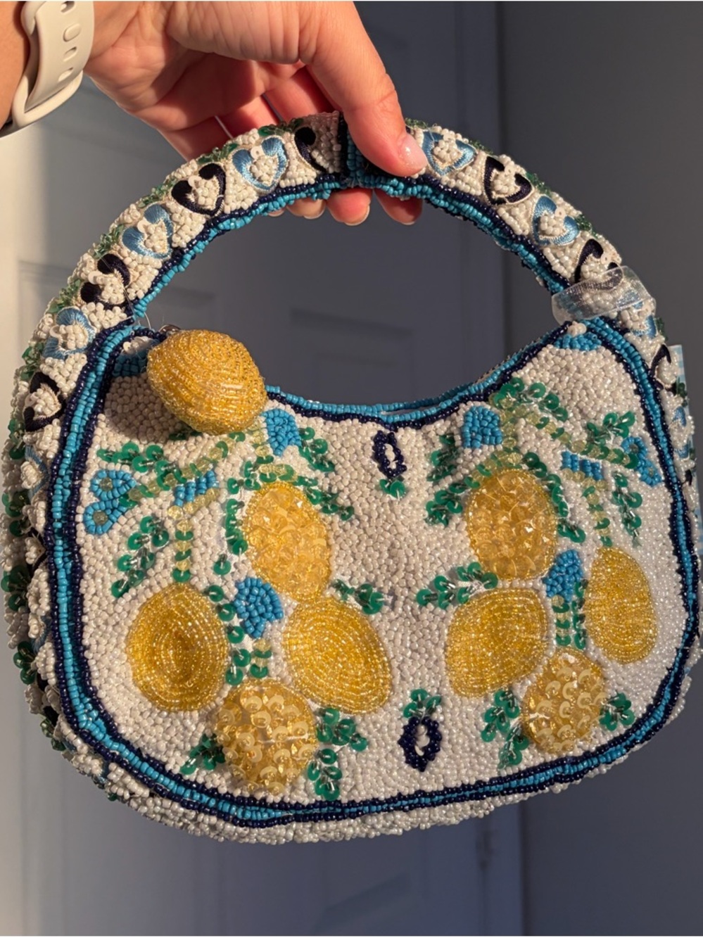 New Hand Beaded Lemon Mini Bag - White & Yellow